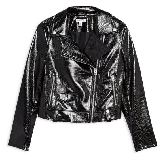 TOPSHOP Black Croc Faux Leather Moto Jacket - Picture 4 of 8